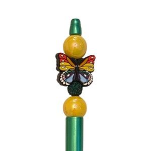Hand Crafted Beaded Green and Yellow Butterfly Pen